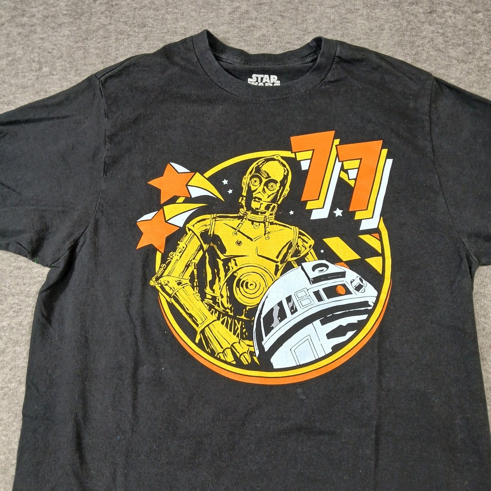 Star Wars T-Shirt Mens Medium Black C-3PO R2-D2 Graphic Retro 77 Cotton Tee